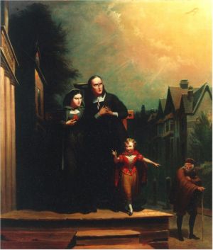 Dimmesdale on scaffold with Hester and Pearl